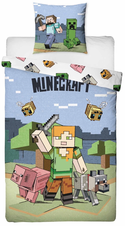 Minecraft Bettwäsche 100% weiche Baumwolle – 140x200 cm – Alex Wendebett-Set mit 2 Motiven  – Deckenbezug mit Minecraft