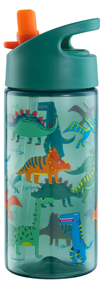 Dinosaurier - Trinkflasche mit Flip-Funktion und Strohhalm - Grün mit Dinosauriern