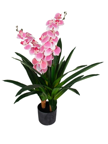 Künstliche Orchidee - 90 cm - Zweizweigig - Rosa Blüten - Künstliche Blume im schwarzen Topf